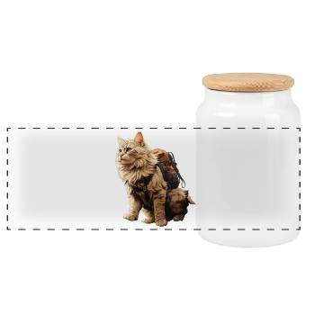 Adventure Cat with Backpack - Panoramic Cookie Jar with Wooden Lid - white - Front