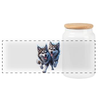Zwei Husky mit Schnee und Eiszapfen - Panorama Keksdose mit Holzdeckel - Weiß - Vorne
