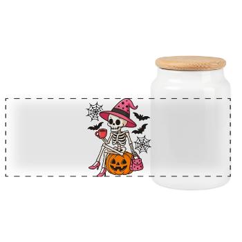 Squelette sorcière Halloween mignon rose - Boîte à biscuits avec couvercle en bois - blanc - Devant