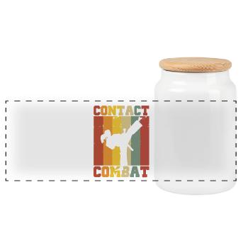 Silhouette of a Karate Woman – Combat Contact - Panoramic Cookie Jar with Wooden Lid - white - Front