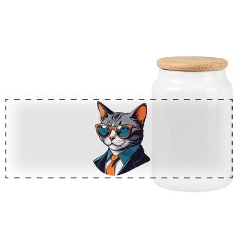 Business cat with sunglasses in a suit - Panoramic Cookie Jar with Wooden Lid - white - Front