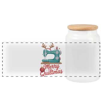 Merry Quiltmas Festive Sewing Santa Holiday Season - Panoramic Cookie Jar with Wooden Lid - white - Front