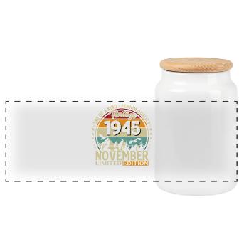 80. Geburtstag Vintage November Jahrgang 1945 - Panorama Keksdose mit Holzdeckel - Weiß - Vorne