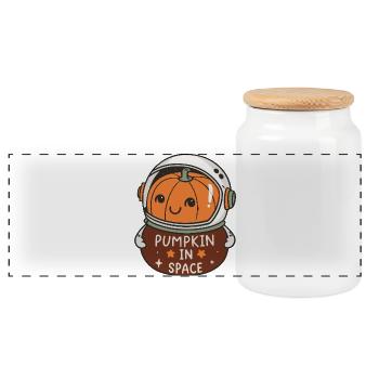 Smiling Astronaut Pumpkin - Panoramic Cookie Jar with Wooden Lid - white - Front