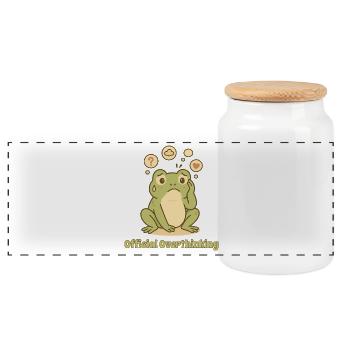 Thoughtful Frog – Overthinking Design - Panoramic Cookie Jar with Wooden Lid - white - Front