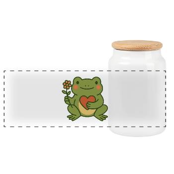 Frog with Heart and Flower – Friendly & Cozy - Panoramic Cookie Jar with Wooden Lid - white - Front