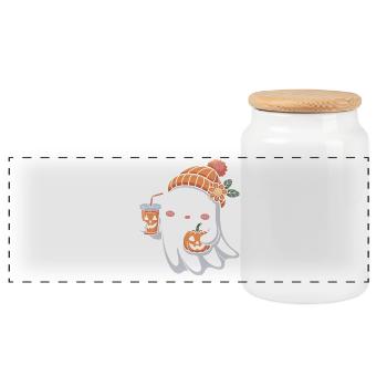 Ghost Halloween Pumpkin Latte Fun - Panoramic Cookie Jar with Wooden Lid - white - Front