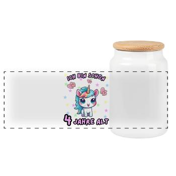 Unicorn Birthday Design 4 Years - Panoramic Cookie Jar with Wooden Lid - white - Front