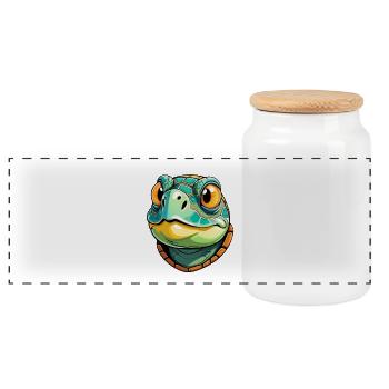 Cheerful Cartoon Turtle - Panoramic Cookie Jar with Wooden Lid - white - Front