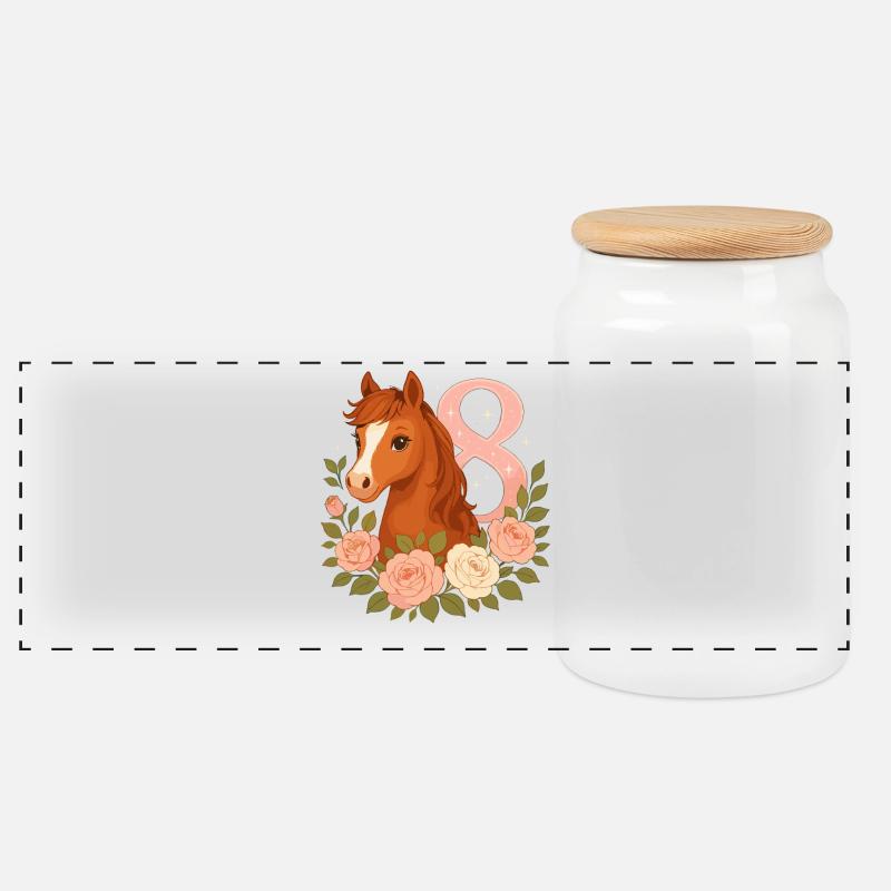 8. Geburtstag Mädchen, Pferd, Pony, 8 Jahre alt - Panorama Keksdose mit Holzdeckel - Weiß