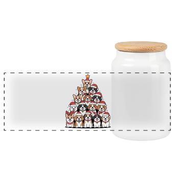 Weihnachtshunde Pyramide – Lustiger Xmas Look - Panorama Keksdose mit Holzdeckel - Weiß - Vorne