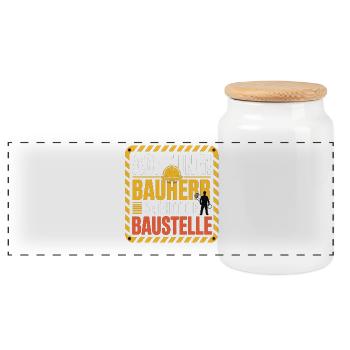 Attention: Builder enters the construction site - Panoramic Cookie Jar with Wooden Lid - white - Front