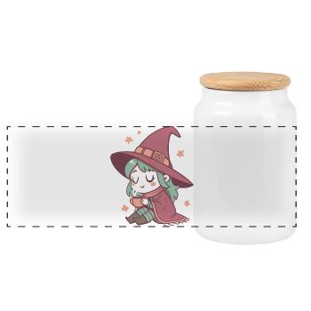 Hexe Cozy mit Pastelltee - Panorama Keksdose mit Holzdeckel - Weiß - Vorne
