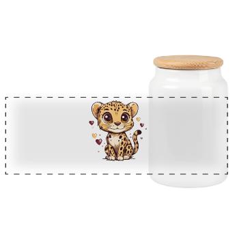 Cute leopard boy heart design - Panoramic Cookie Jar with Wooden Lid - white - Front