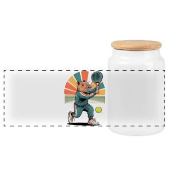 Capybara plays padel tennis in retro style - Panoramic Cookie Jar with Wooden Lid - white - Front