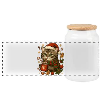 Katze an Weihnachten - Panorama Keksdose mit Holzdeckel - Weiß - Vorne