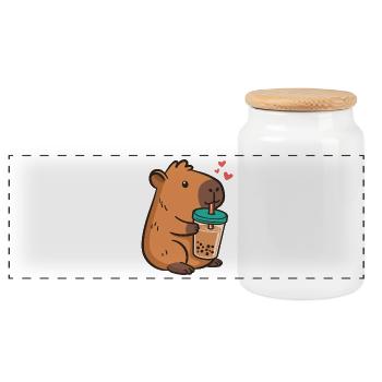Capybara Bubble Tea Kawaii Boba Tea Milk Tea - Panoramic Cookie Jar with Wooden Lid - white - Front