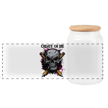 Create or Die – Künstlerdesign mit Schädel - Panorama Keksdose mit Holzdeckel - Weiß - Vorne