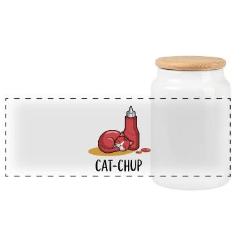 Cat-Chup – Fun combination of cat and cat - Panoramic Cookie Jar with Wooden Lid - white - Front