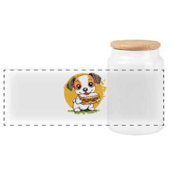 Little dog enjoying burger - Panoramic Cookie Jar with Wooden Lid - white - Front