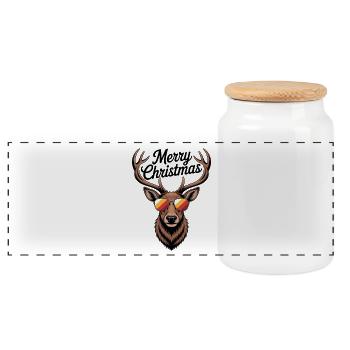 Deer with Antlers and Sunglasses Merry Christmas - Panoramic Cookie Jar with Wooden Lid - white - Front