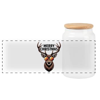Deer with Antlers and Sunglasses Merry Christmas - Panoramic Cookie Jar with Wooden Lid - white - Front