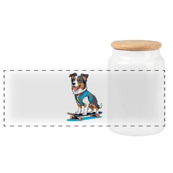 Skateboardhund im Jeansvest - Panorama Keksdose mit Holzdeckel - Weiß - Vorne