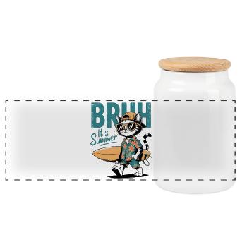 Surfer cat with surfboard - Panoramic Cookie Jar with Wooden Lid - white - Front