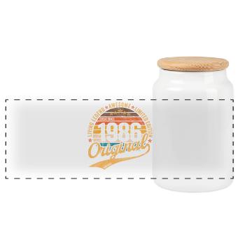 Original 1986 Vintage Living Legend 40. Geburtstag - Panorama Keksdose mit Holzdeckel - Weiß - Vorne