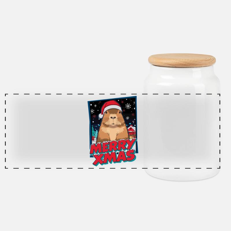 Capybara mit Santa Hut Weihnachten - Panorama Keksdose mit Holzdeckel - Weiß