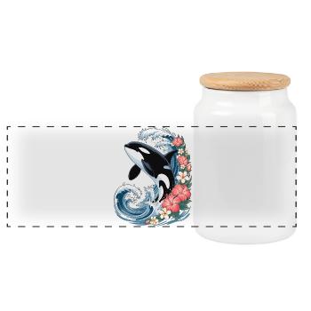 Orca in tropical waves - Panoramic Cookie Jar with Wooden Lid - white - Front