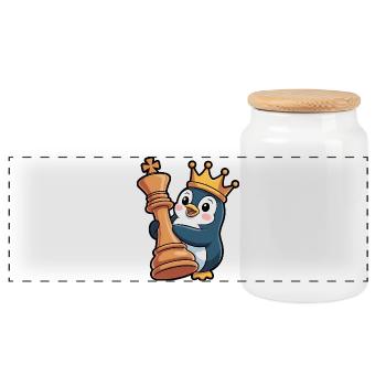 Cute Penguin Chess King Queen Brain Game - Panoramic Cookie Jar with Wooden Lid - white - Front