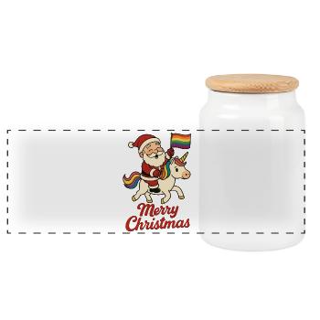 Santa Claus on unicorn with rainbow flag - Panoramic Cookie Jar with Wooden Lid - white - Front