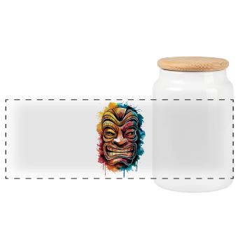  Farbenfrohes Tiki Maske Kunstwerk mit Lebendiger - Panorama Keksdose mit Holzdeckel - Weiß - Vorne