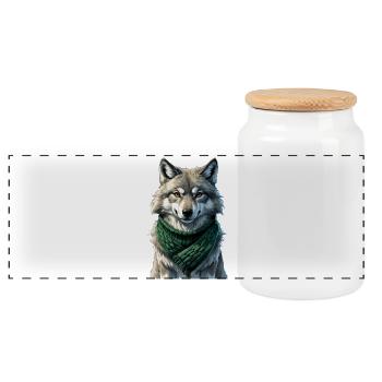 Silhouette de loup avec écharpe verte - Boîte à biscuits avec couvercle en bois - blanc - Devant
