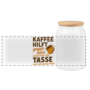 Kaffee hilft gegen alles Spruch - Panorama Keksdose mit Holzdeckel - Weiß - Vorne