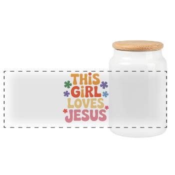 This Girl Loves Jesus - Panoramic Cookie Jar with Wooden Lid - white - Front