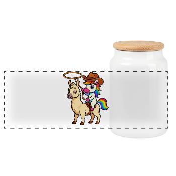 Cowboy Unicorn on Llama Kawaii Shirt - Panoramic Cookie Jar with Wooden Lid - white - Front