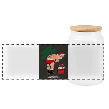 Merry Kissmyass – Lustiger Weihnachtsmann Spruch - Panorama Keksdose mit Holzdeckel - Weiß - Vorne