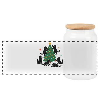 Lustige Weihnachtskatzen mit geschmücktem Weihnachtsbaum - Panorama Keksdose mit Holzdeckel - Weiß - Vorne