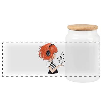 Kawaii Anime Girl with Heart Symbol & Music - Panoramic Cookie Jar with Wooden Lid - white - Front