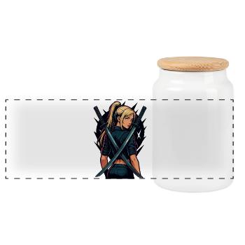 Fighter With Katana Action Heroine Manga Anime - Panoramic Cookie Jar with Wooden Lid - white - Front