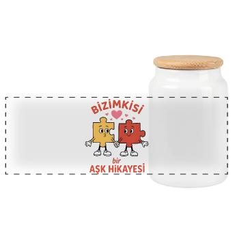 Bizimkisi Puzzle Love Story - Türk Liebe Design - Panoramic Cookie Jar with Wooden Lid - white - Front