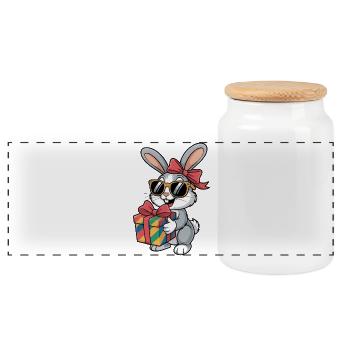 Fröhlicher Hase mit Geschenk - Panorama Keksdose mit Holzdeckel - Weiß - Vorne
