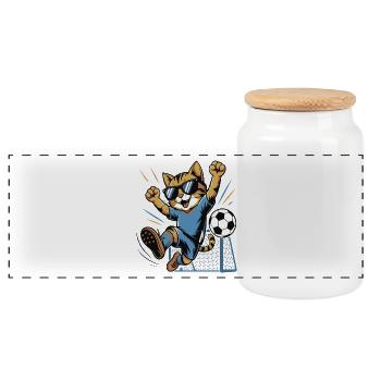 Cat kicker Cheers in goal - Panoramic Cookie Jar with Wooden Lid - white - Front