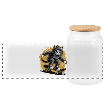 Skate cat in hoodie with sunglasses - Panoramic Cookie Jar with Wooden Lid - white - Front