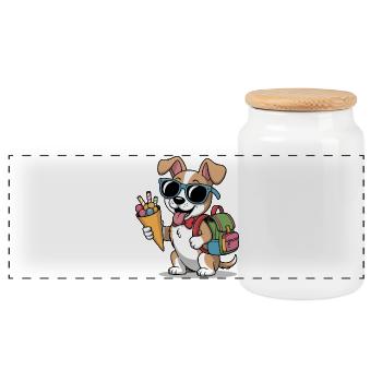 Eisliebender Hund mit Rucksack - Panorama Keksdose mit Holzdeckel - Weiß - Vorne