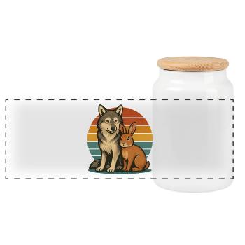 Wolf und Hase - Panorama Keksdose mit Holzdeckel - Weiß - Vorne