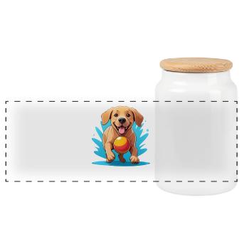 Dessin animé Chien joyeux avec balle - Boîte à biscuits avec couvercle en bois - blanc - Devant