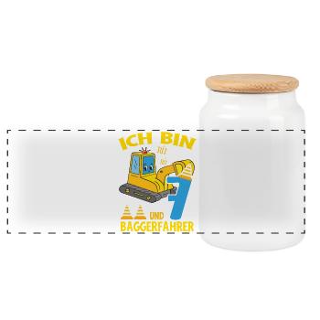 Birthday Excavator 7 Years Excavator Party Gift - Panoramic Cookie Jar with Wooden Lid - white - Front